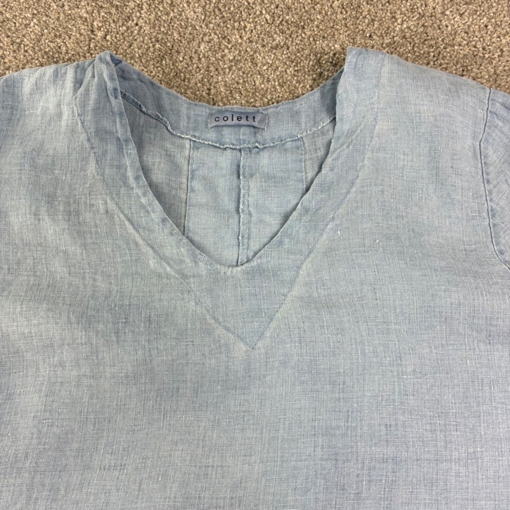 Colette‎ Italy 100% Linen V-Neck Tunic Dress Blue Short Sleeve Boho Beach Lounge - Picture 2 of 8